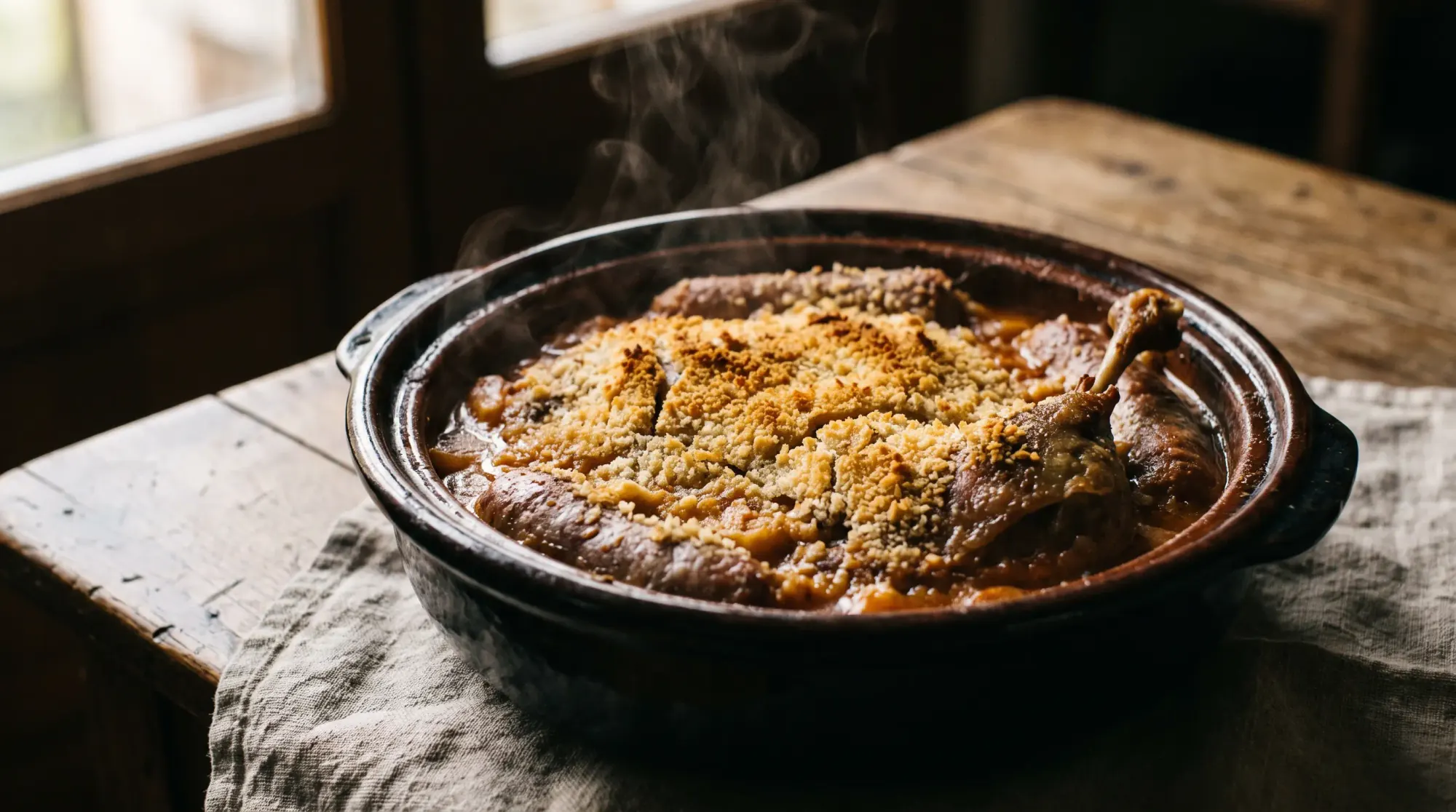 Cassoulet fumant dans un plat en terre cuite, croûte de chapelure dorée