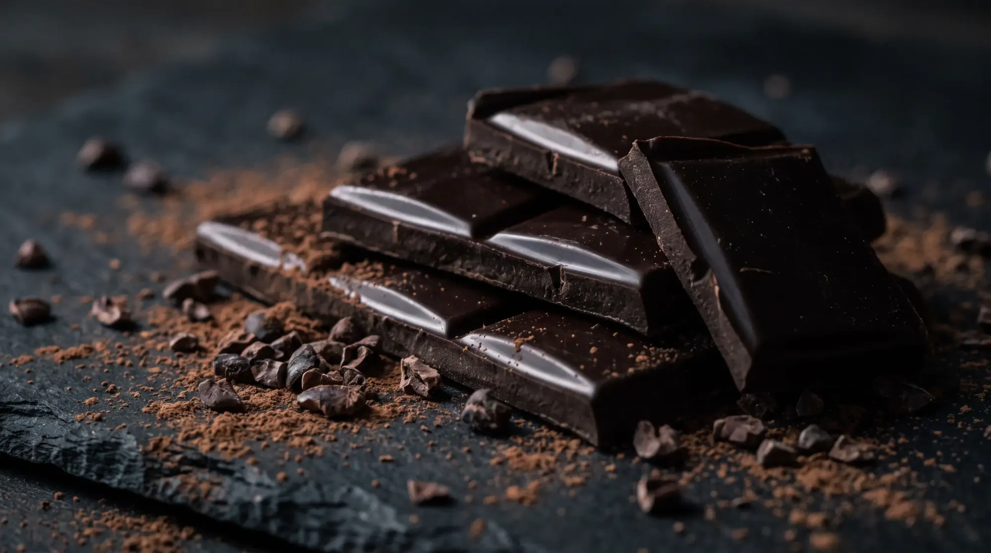 Carrés de chocolat noir empilés sur une ardoise, éclats de fèves et poudre de cacao