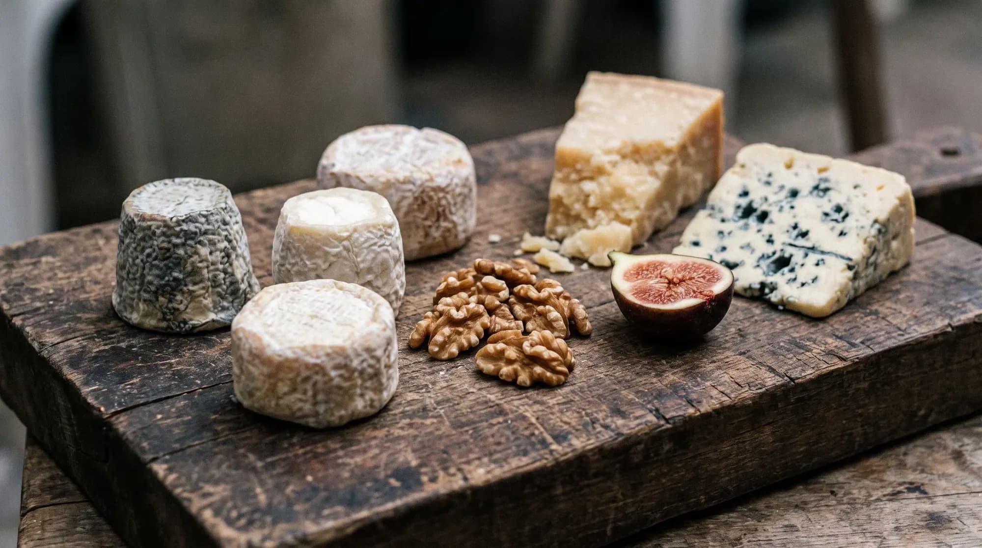 Plateau de fromages affinés sur une planche de bois, noix et figue