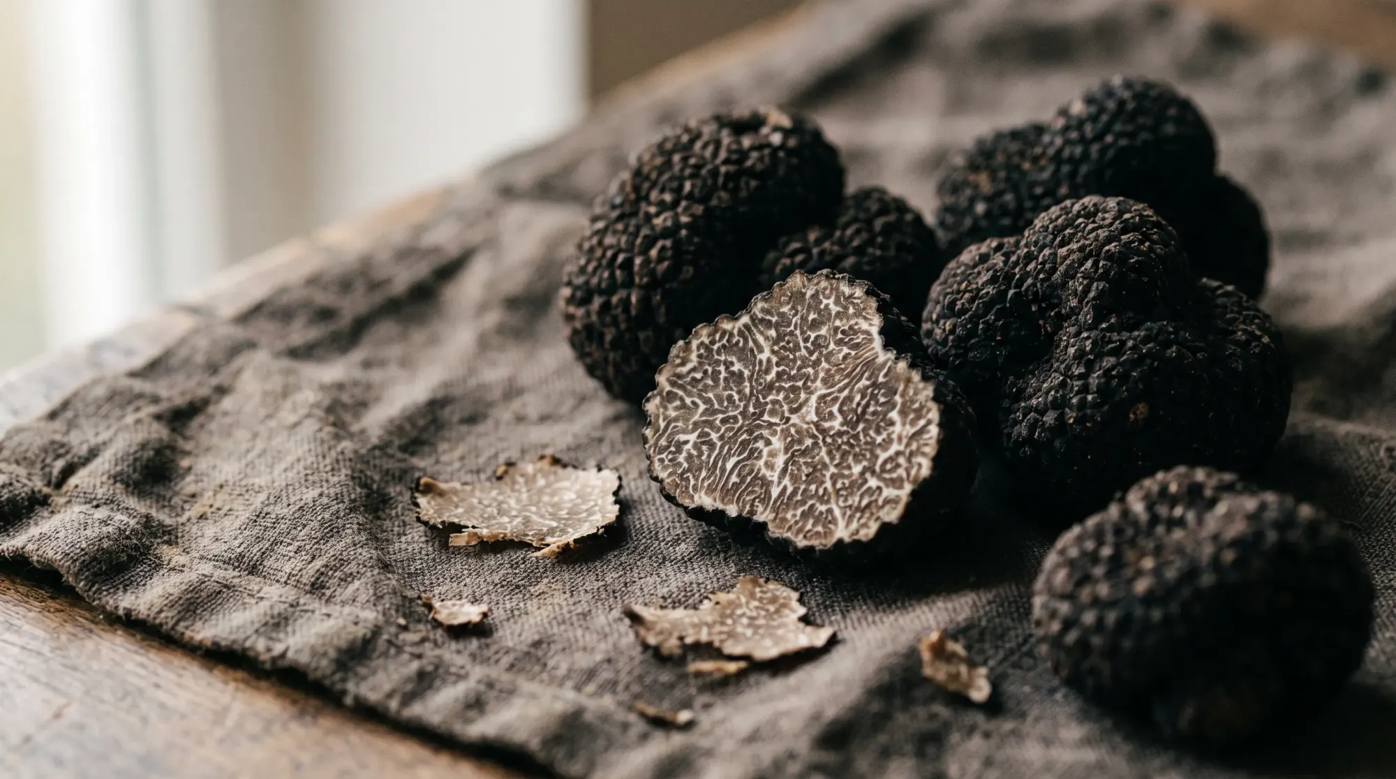 Truffes noires sur un linge, une tranchée révélant son marbrage veiné de blanc