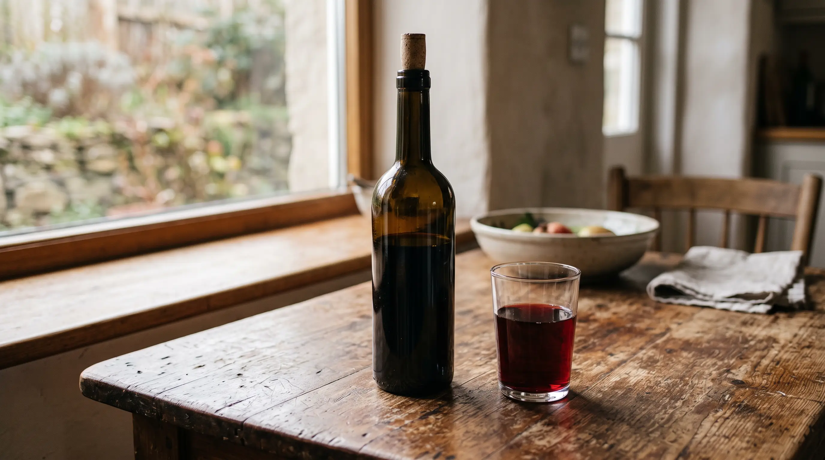 Bouteille sans étiquette et verre de vin rouge sur une table de bois, lumière du jour
