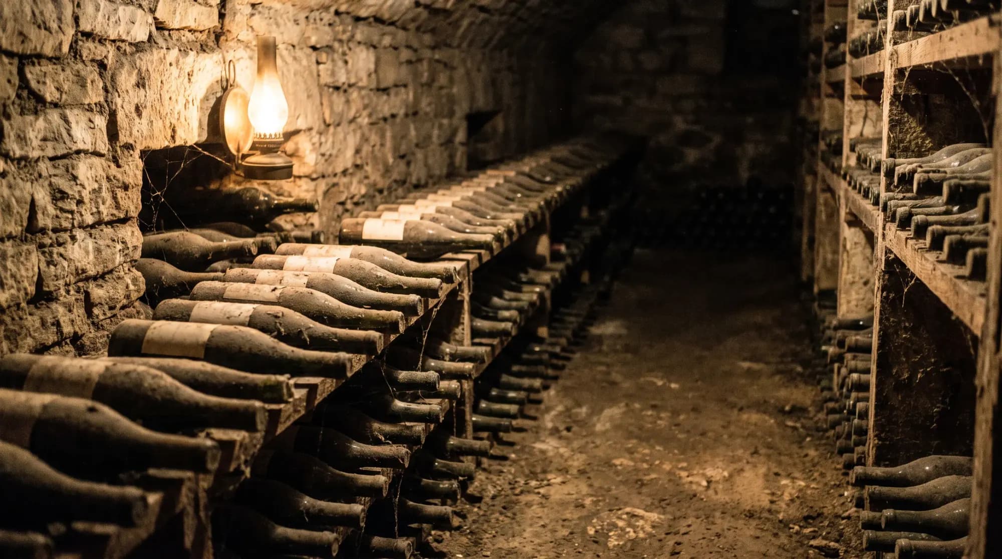 Bouteilles couchées et poussiéreuses dans un casier de pierre, cave voûtée