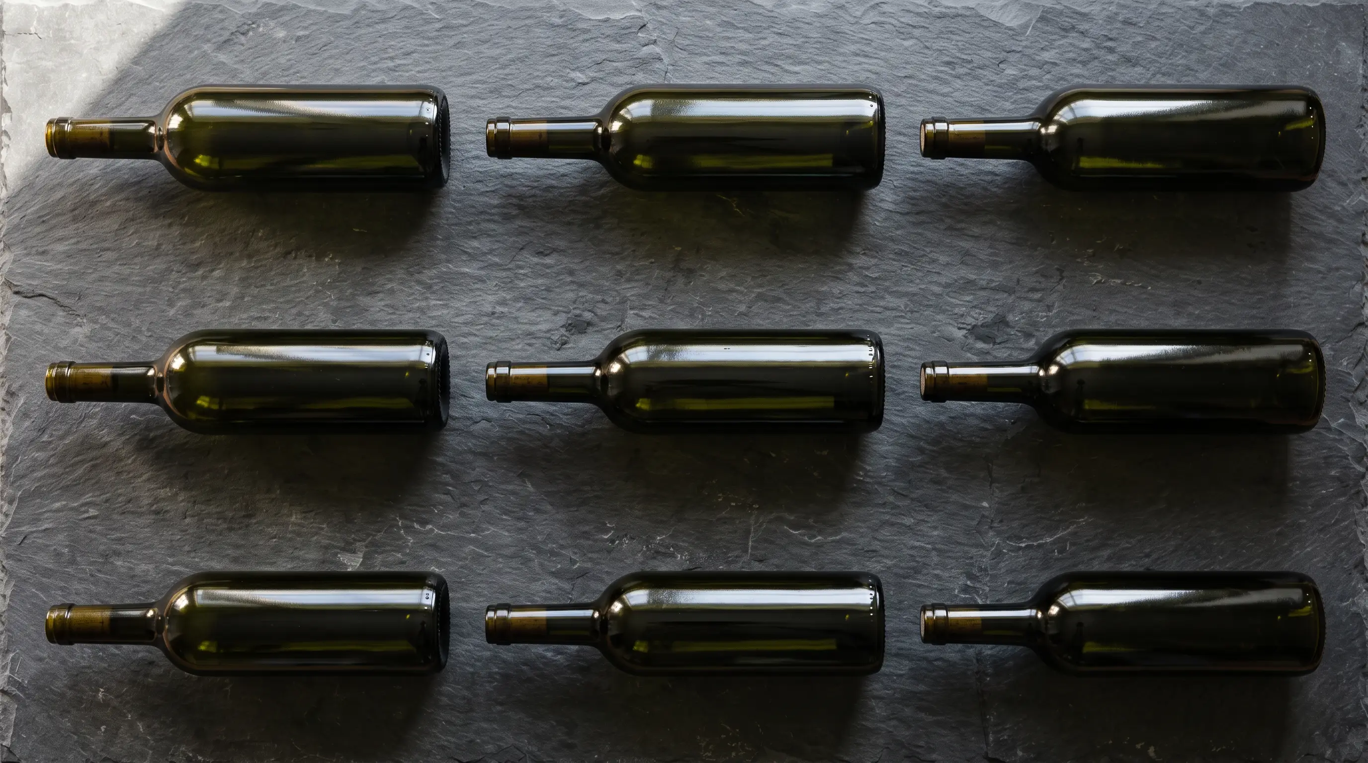 Neuf bouteilles sans étiquette alignées en grille sur une ardoise sombre, vue de dessus