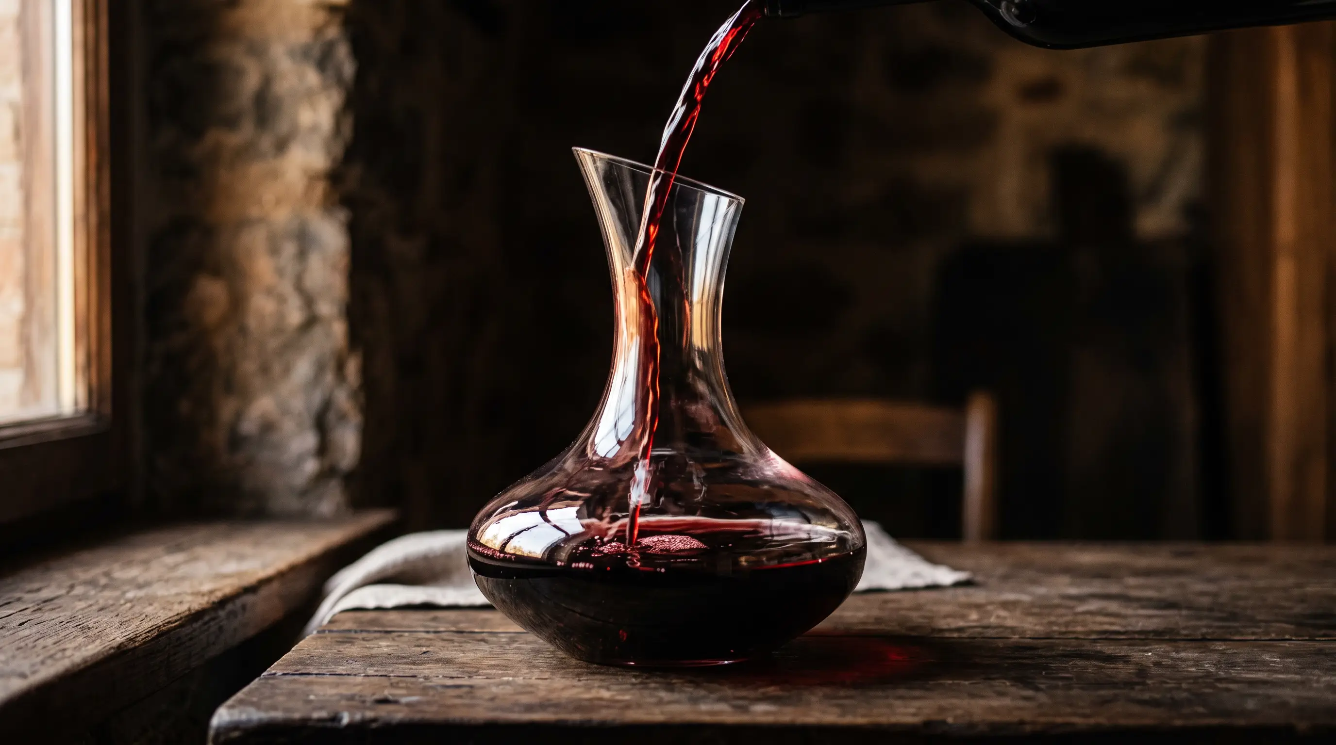 Carafe en verre remplie de vin rouge, filet de vin en cours de versement