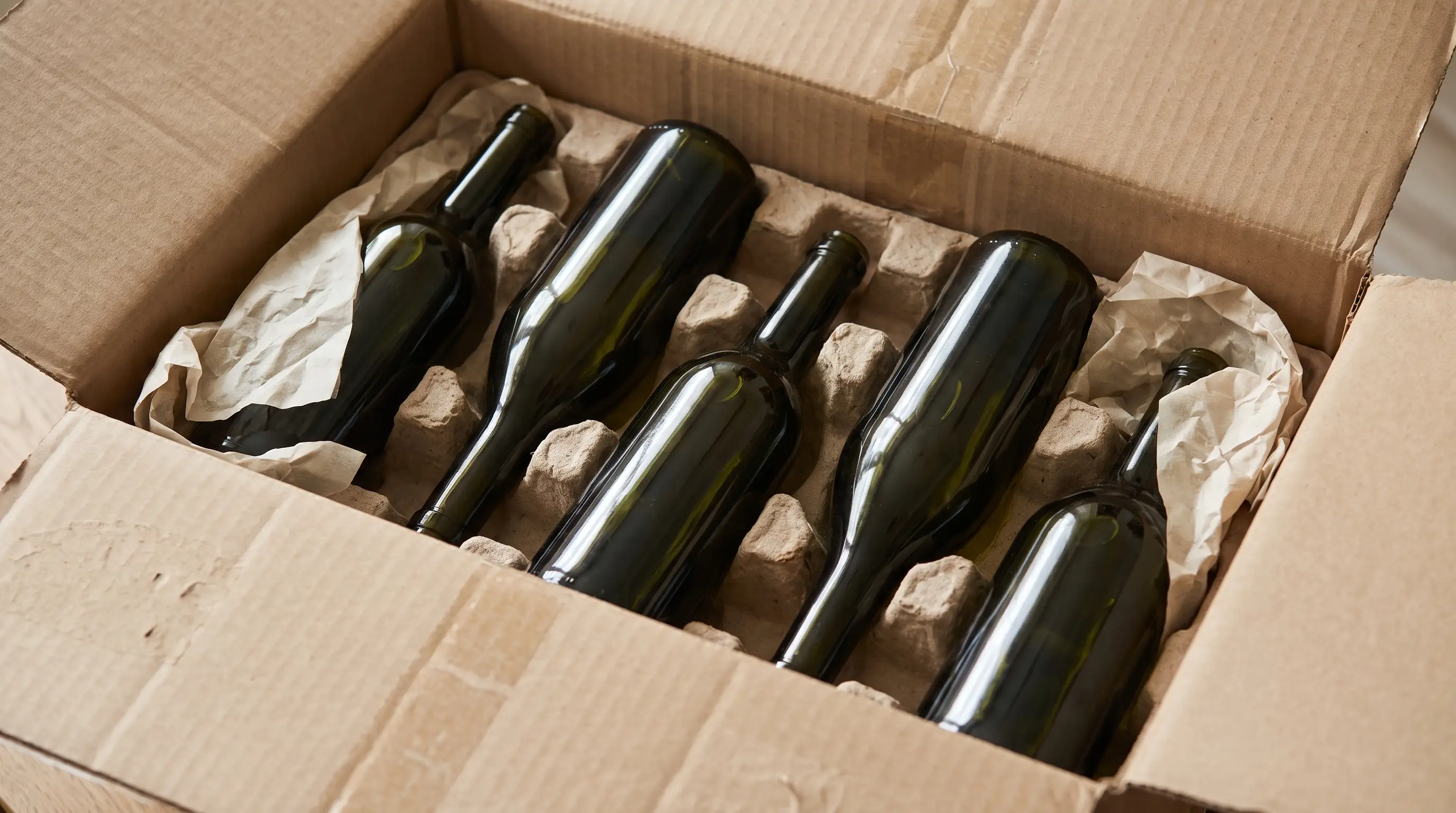Carton d'expédition ouvert, bouteilles sans étiquette calées dans des alvéoles