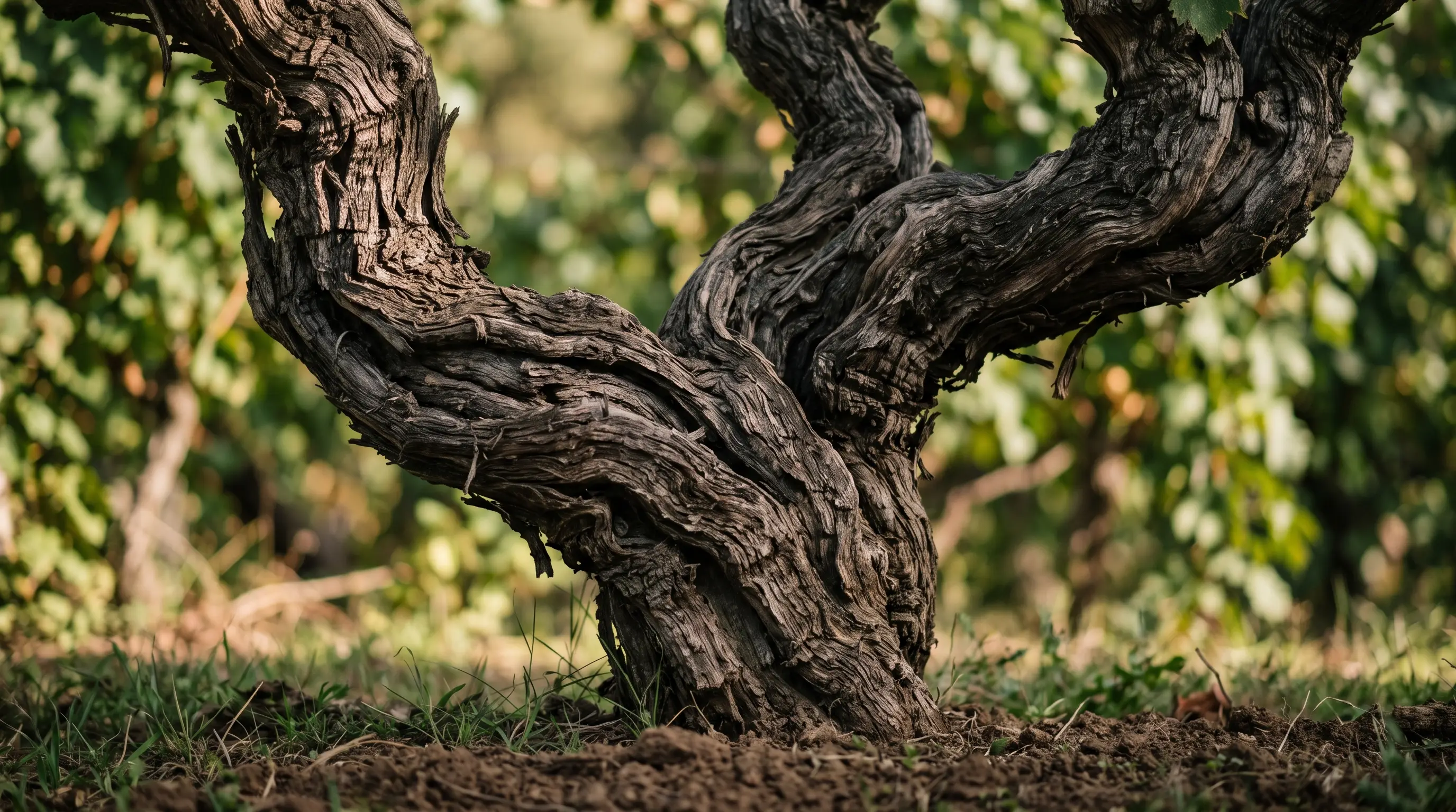 Tronc de vigne très ancien, écorce profondément fissurée et bois torsadé