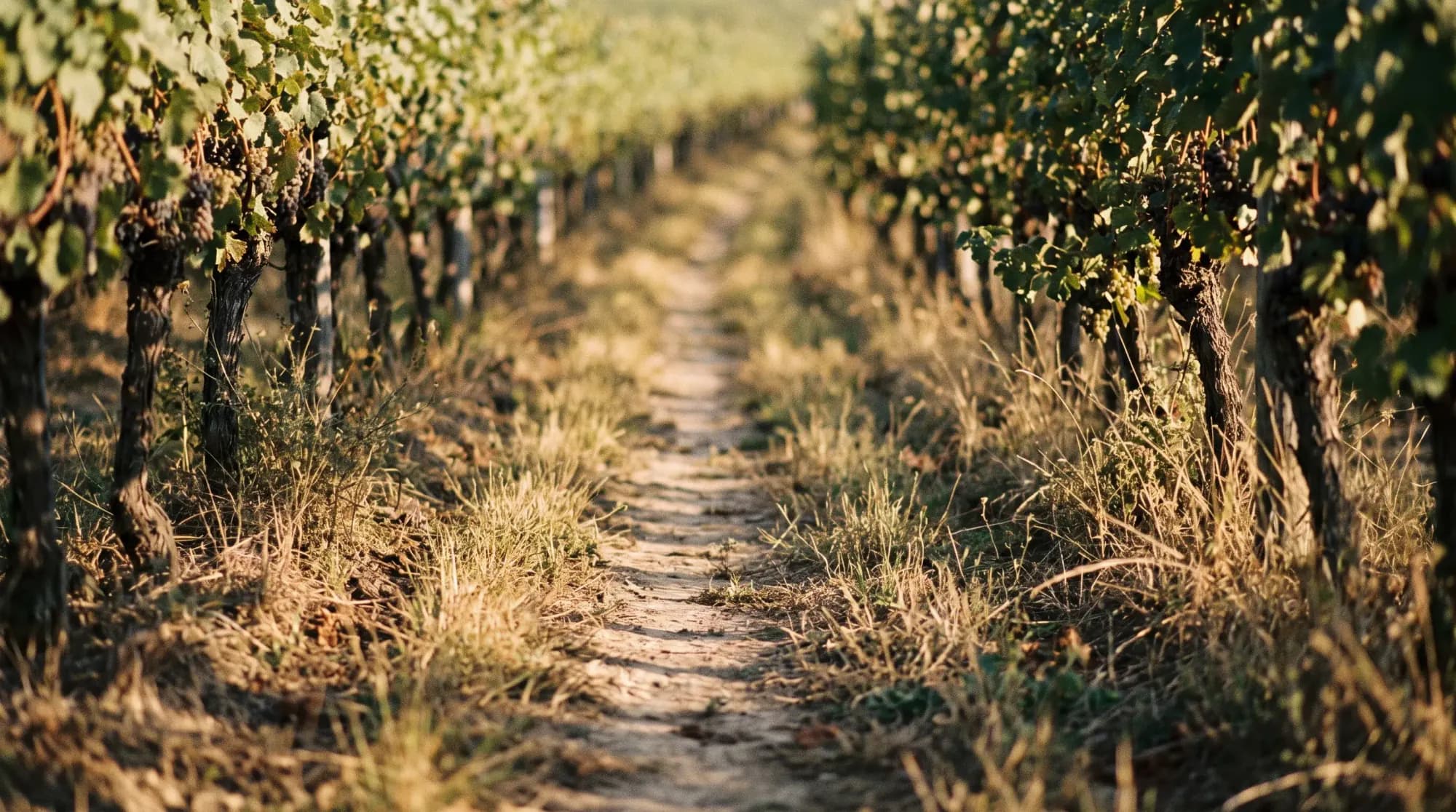 Chemin de terre serpentant entre deux rangs de vigne