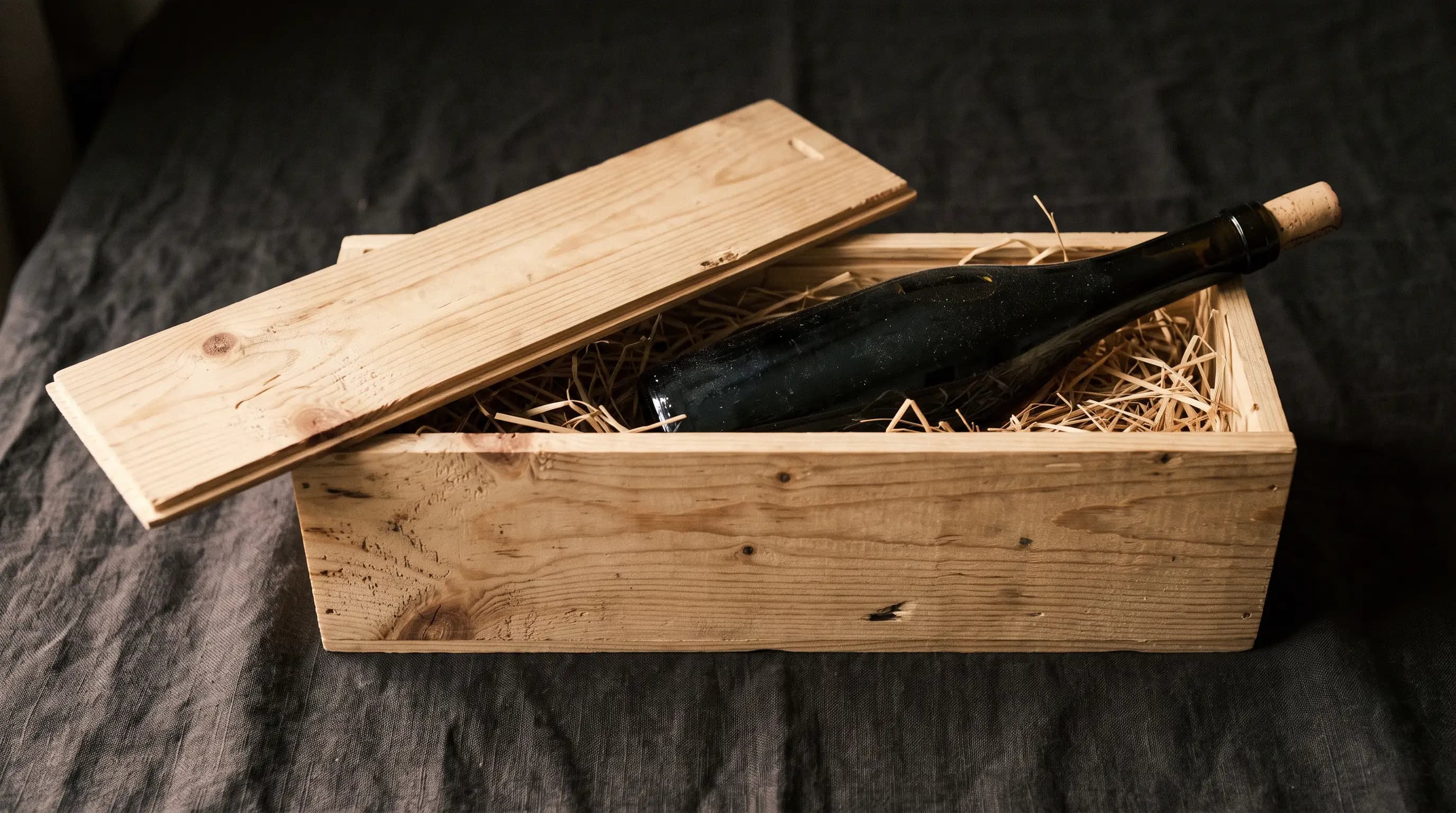 Coffret en bois brut entrouvert, bouteille sans étiquette posée sur de la paille