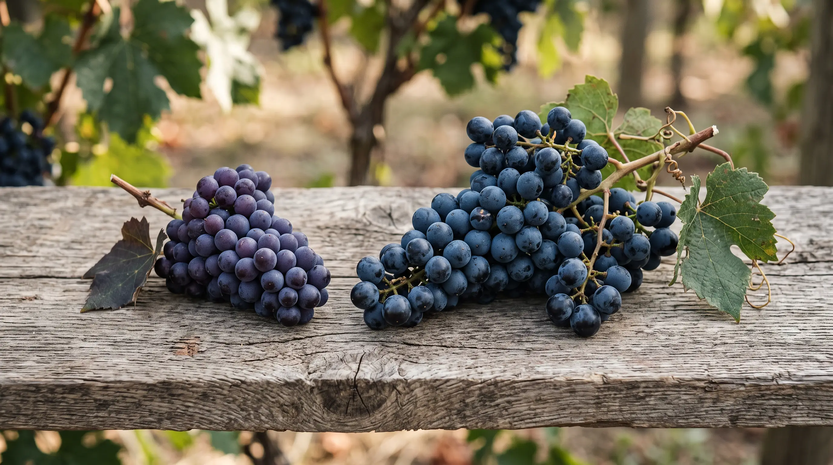 Deux grappes de raisin de tailles et de teintes différentes posées côte à côte sur une planche