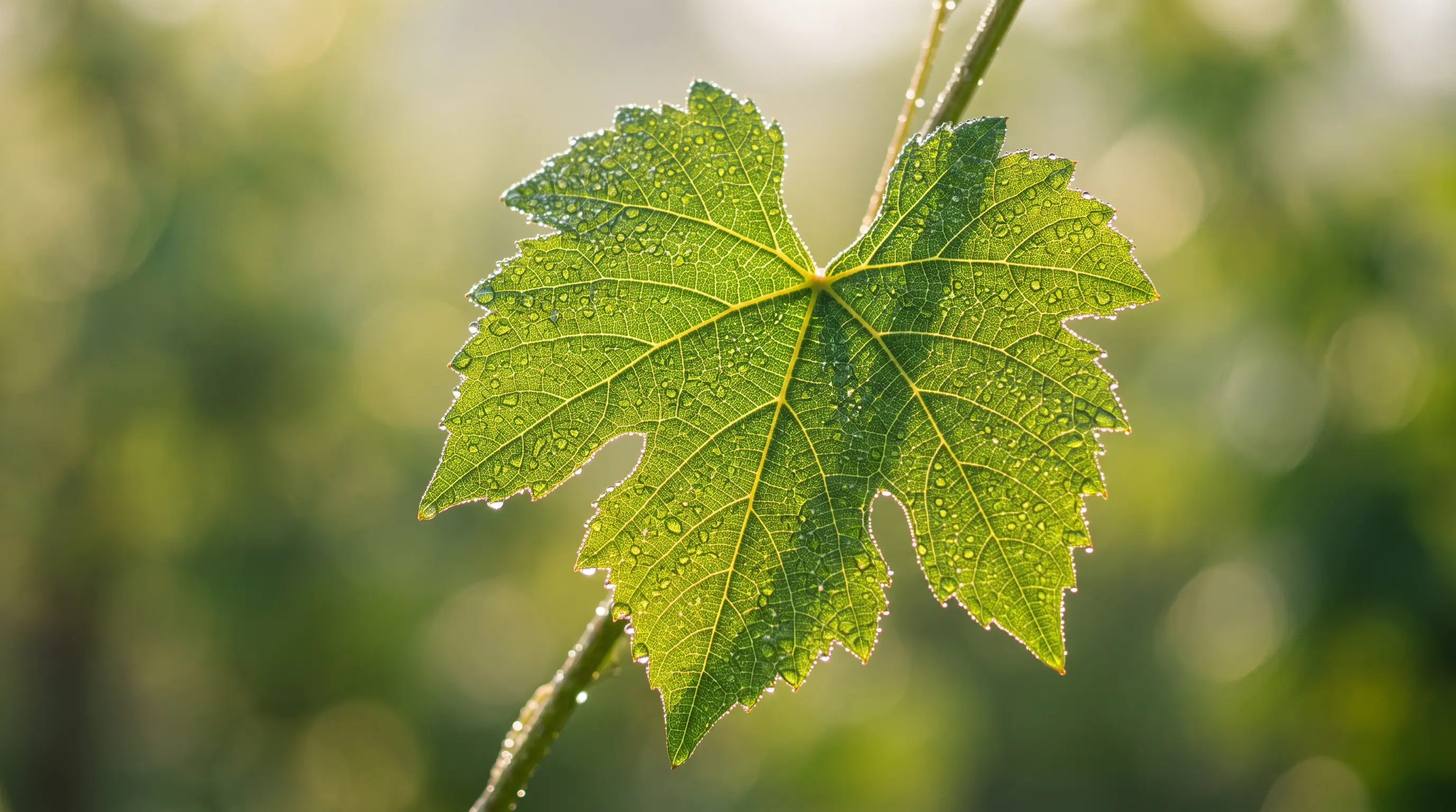 Feuille de vigne couverte de rosée, nervures éclairées à contre-jour
