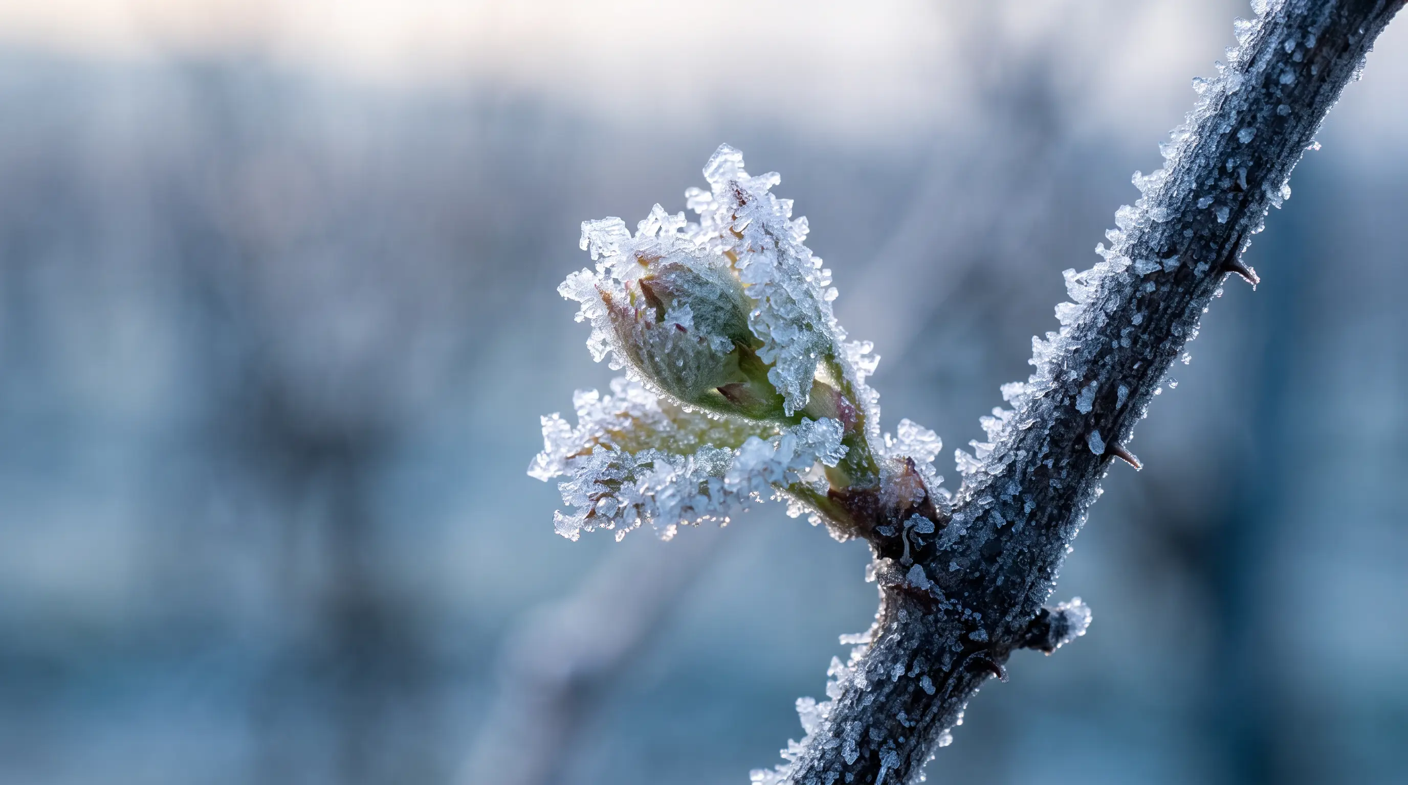 Jeune bourgeon de vigne pris dans une gangue de givre, cristaux de glace