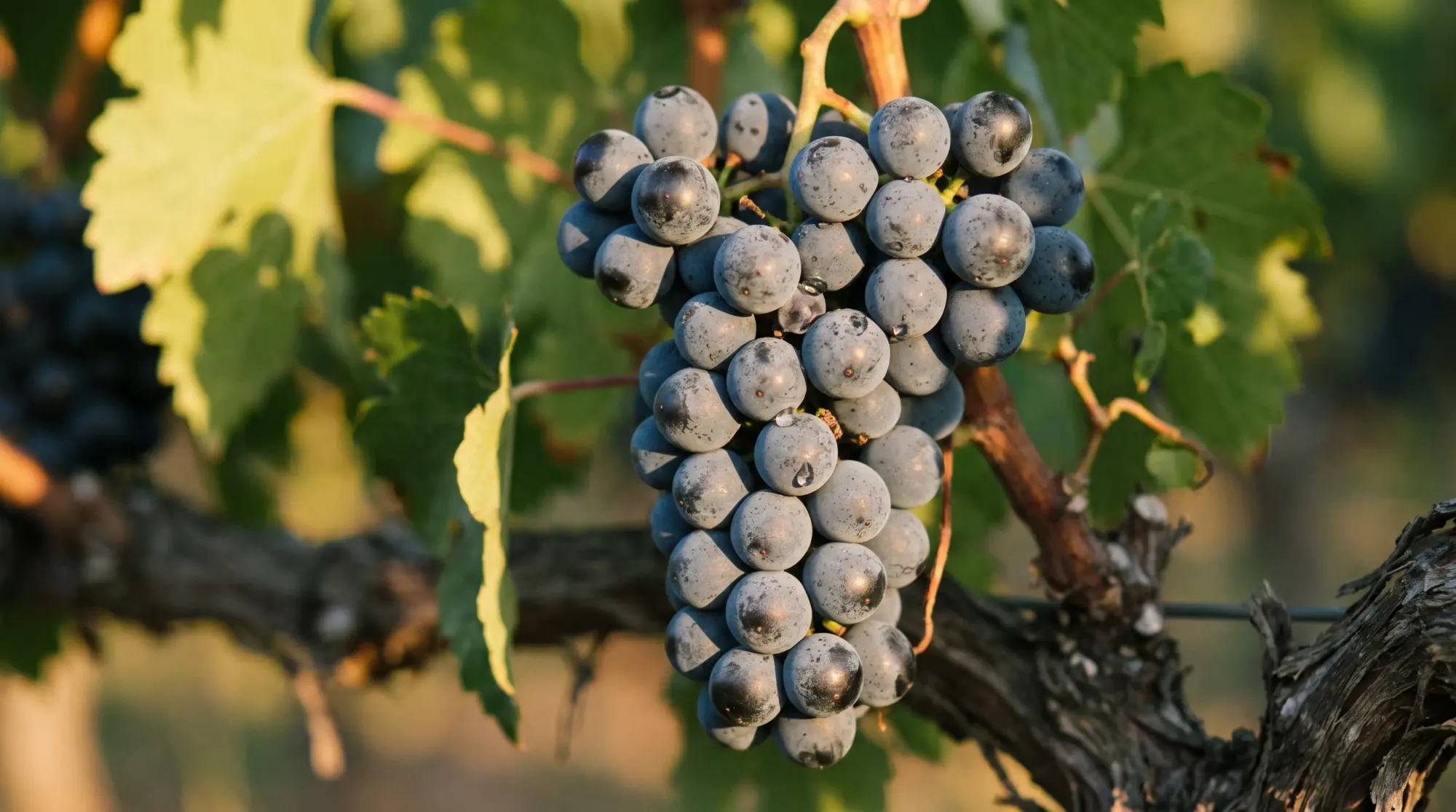 Grappe de Malbec à maturité, baies bleu-noir couvertes de pruine, feuillage en contre-jour