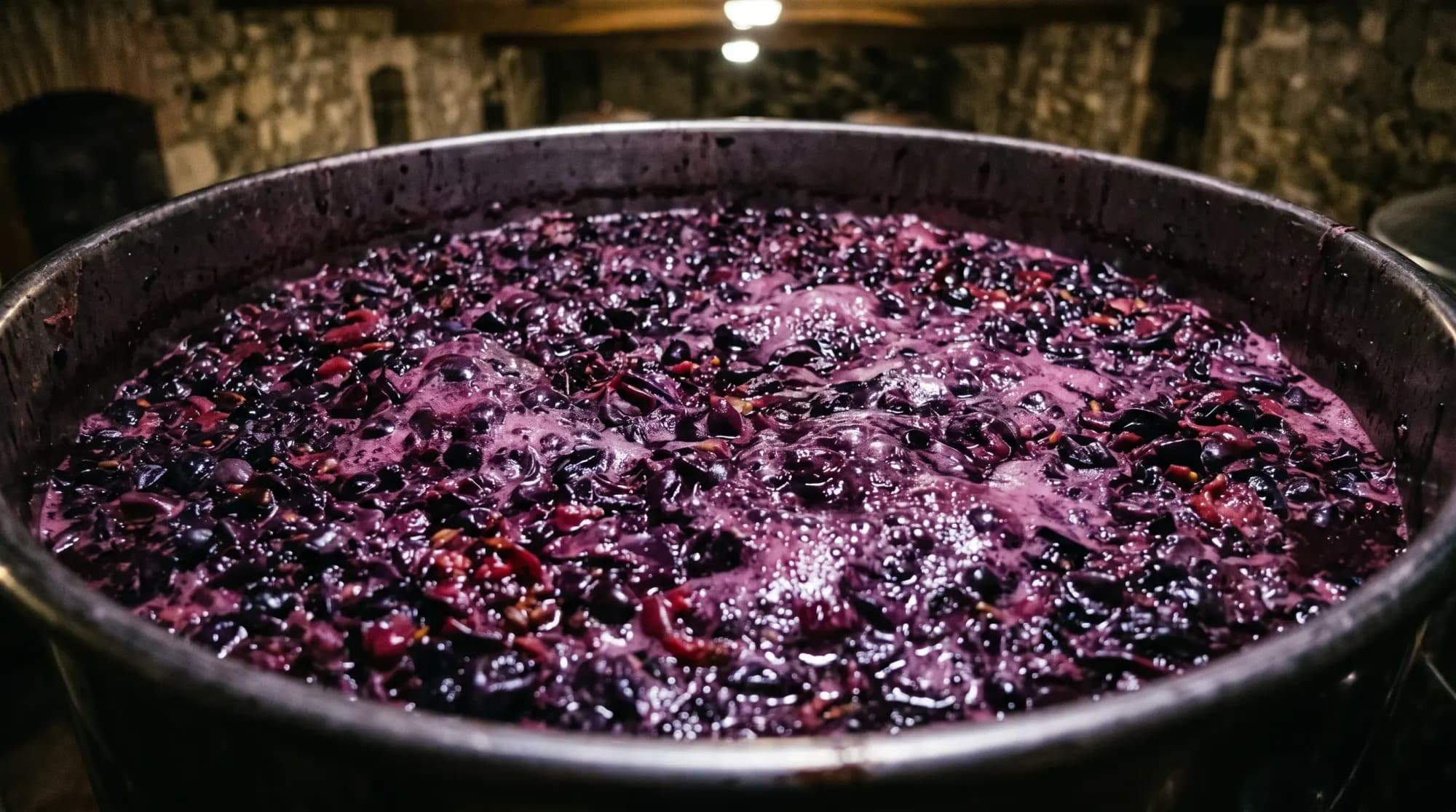 Chapeau de marc en fermentation dans une cuve, mousse pourpre et peaux de raisin
