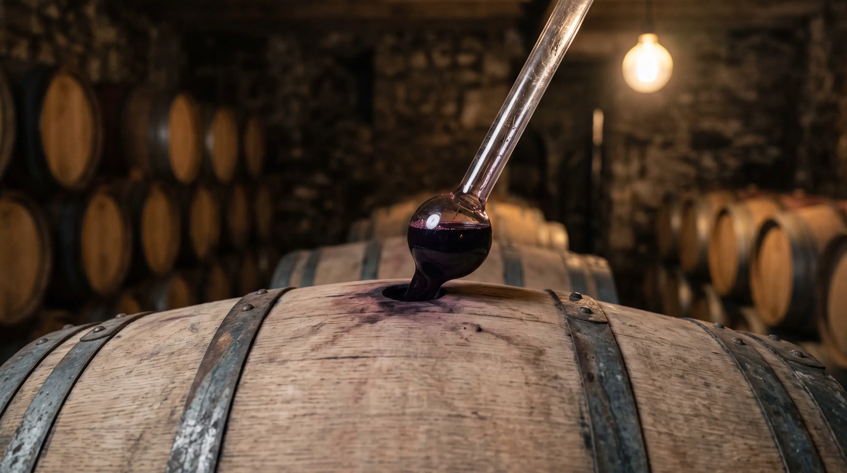 Pipette de verre prélevant du vin par la bonde d’une barrique, chai dans la pénombre