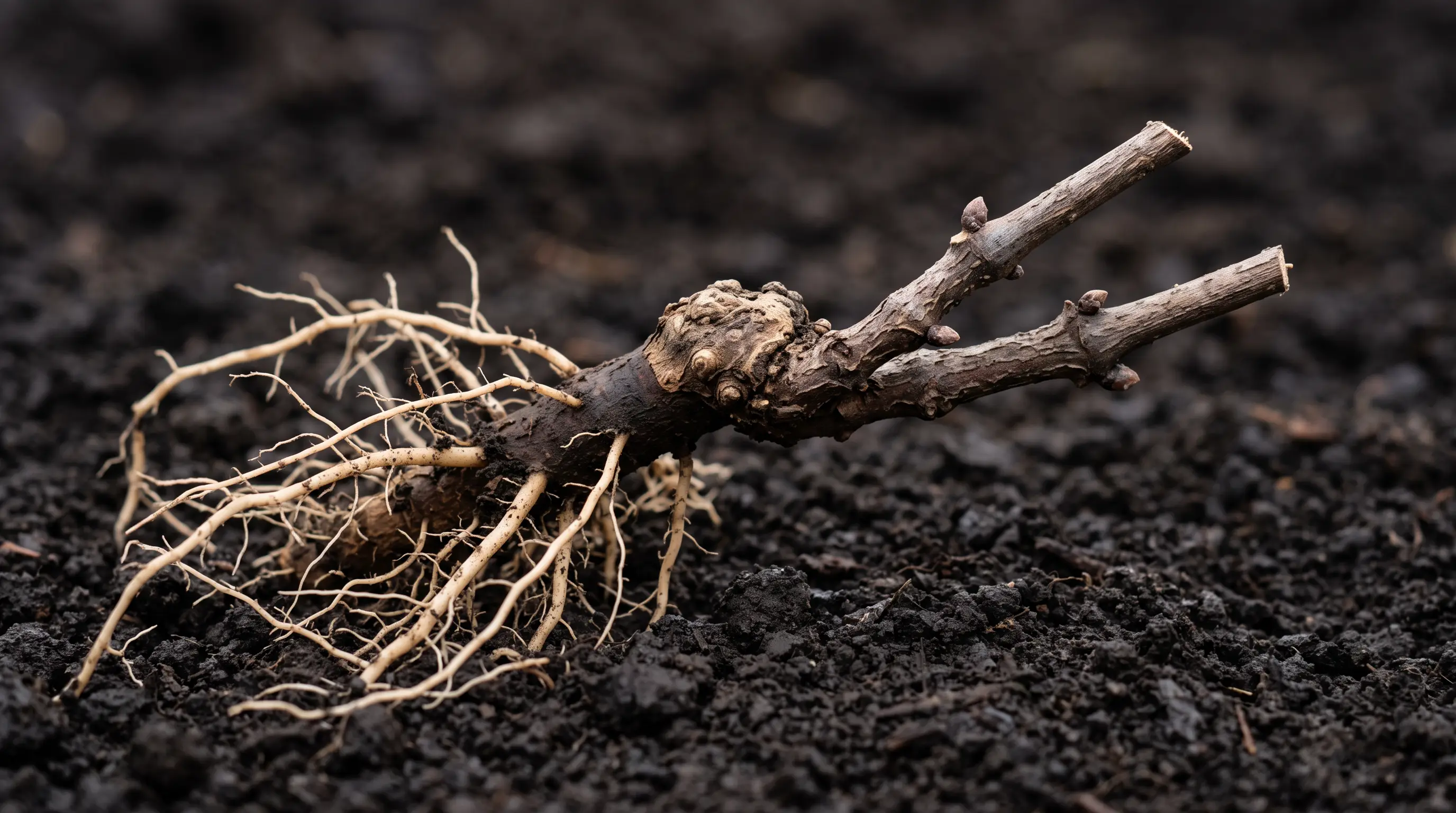 Jeune plant de vigne greffé, point de greffe visible et racines nues sur la terre