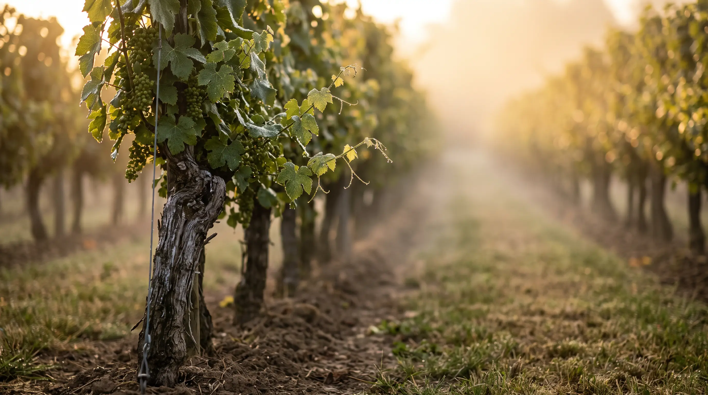 Rang de vigne dans la brume du matin, cep au premier plan et allée enherbée