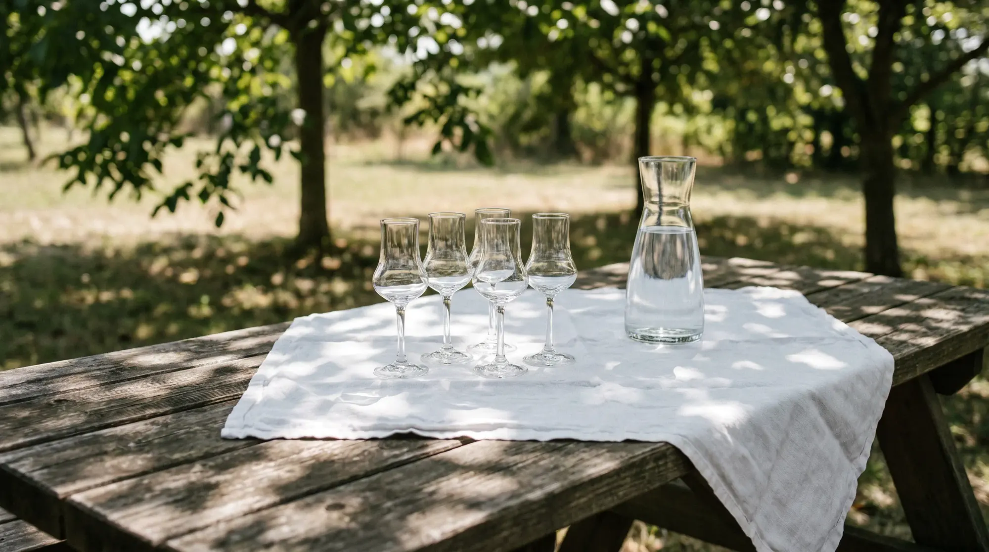 Table de dégustation dressée à l'ombre : verres vides et carafe sur une nappe de lin