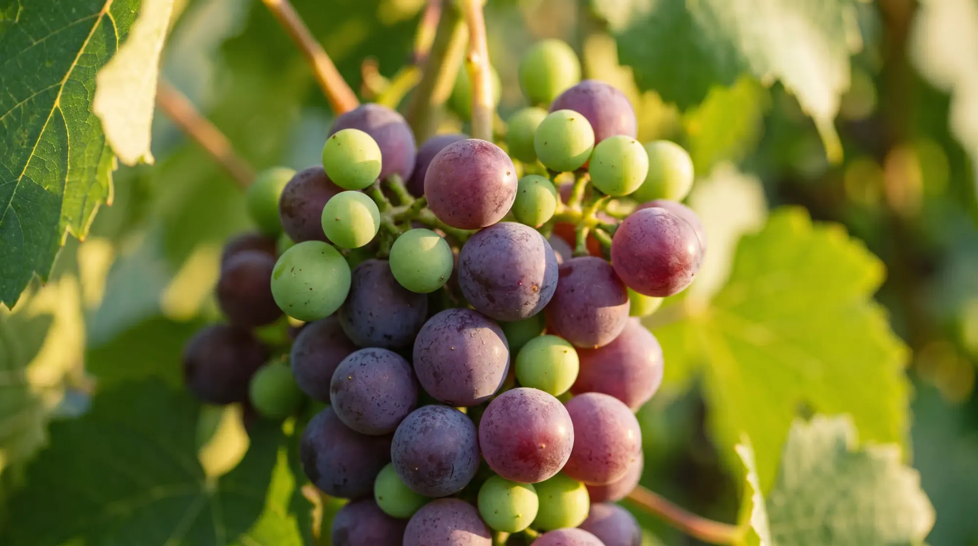 Véraison : grappe en cours de coloration, baies vertes et pourpres mêlées