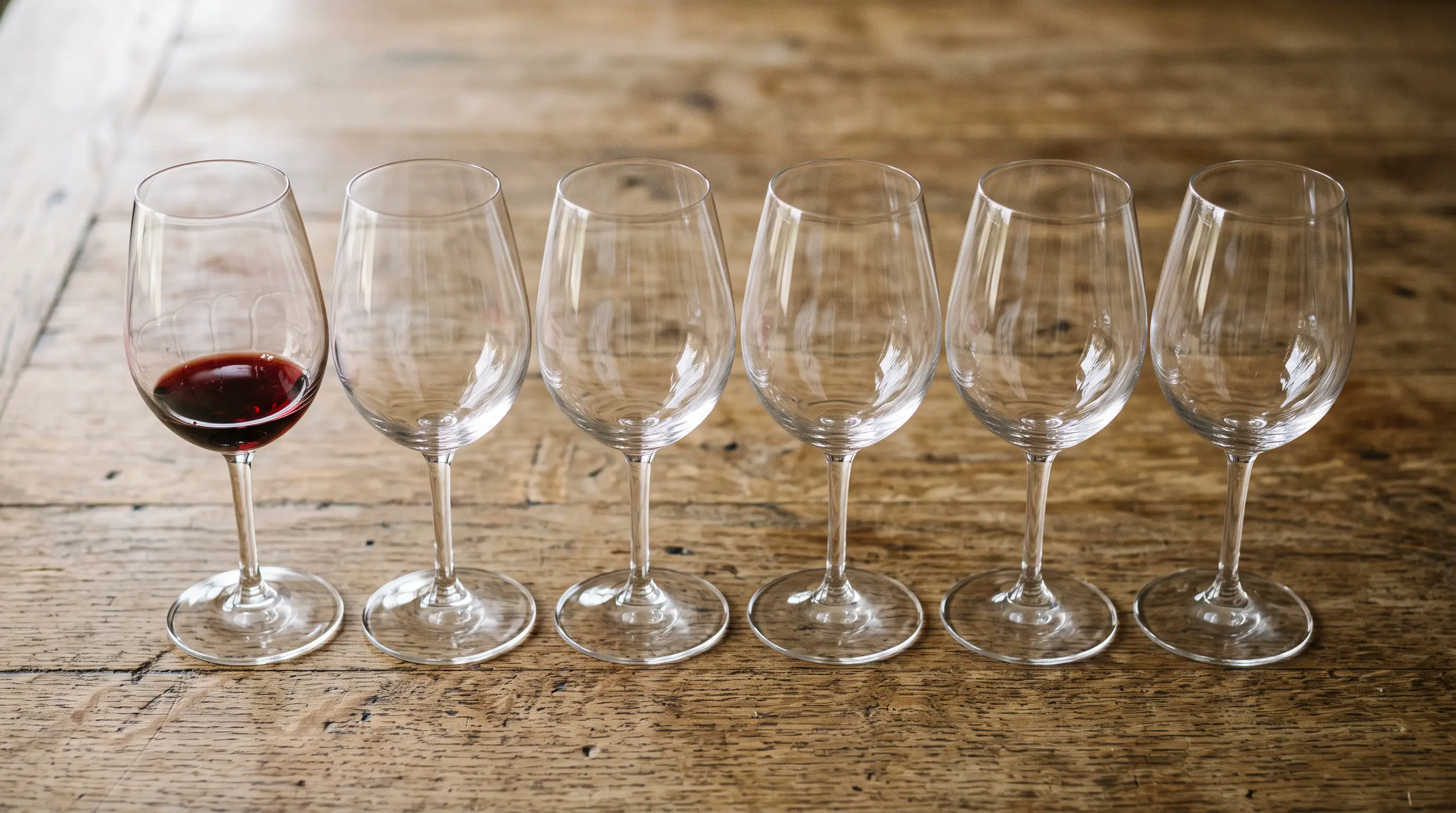 Rangée de verres de dégustation sur une table de bois, un fond de vin dans le premier