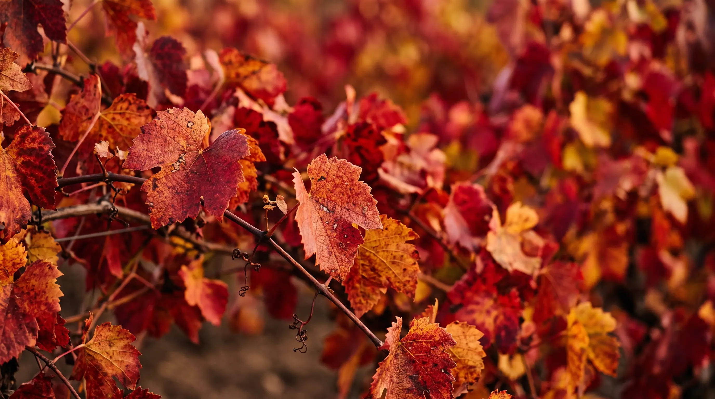 Feuillage de vigne viré au rouge et à l’or en fin d’automne
