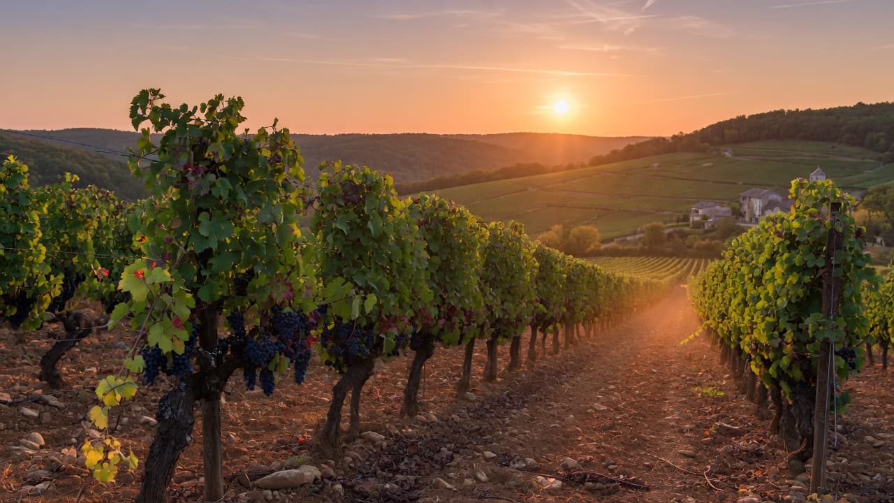 Vignoble de Cahors au coucher du soleil, rangées de Malbec et bâtisse en pierre du Quercy