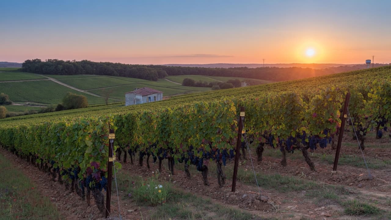 Panorama du vignoble de Cahors sur le causse, lumière de fin de journée sur les coteaux du Lot