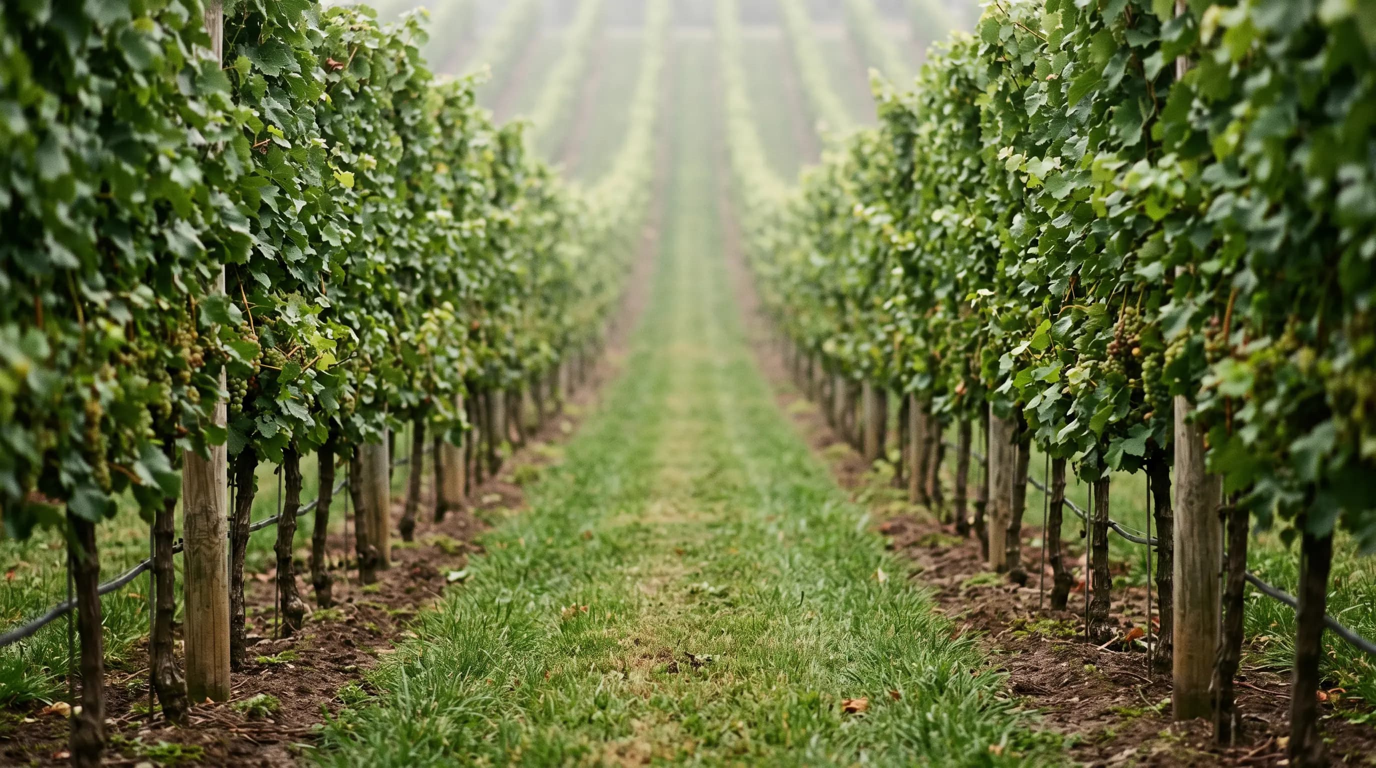 Grassed alley between two trellised rows of vines, receding perspective