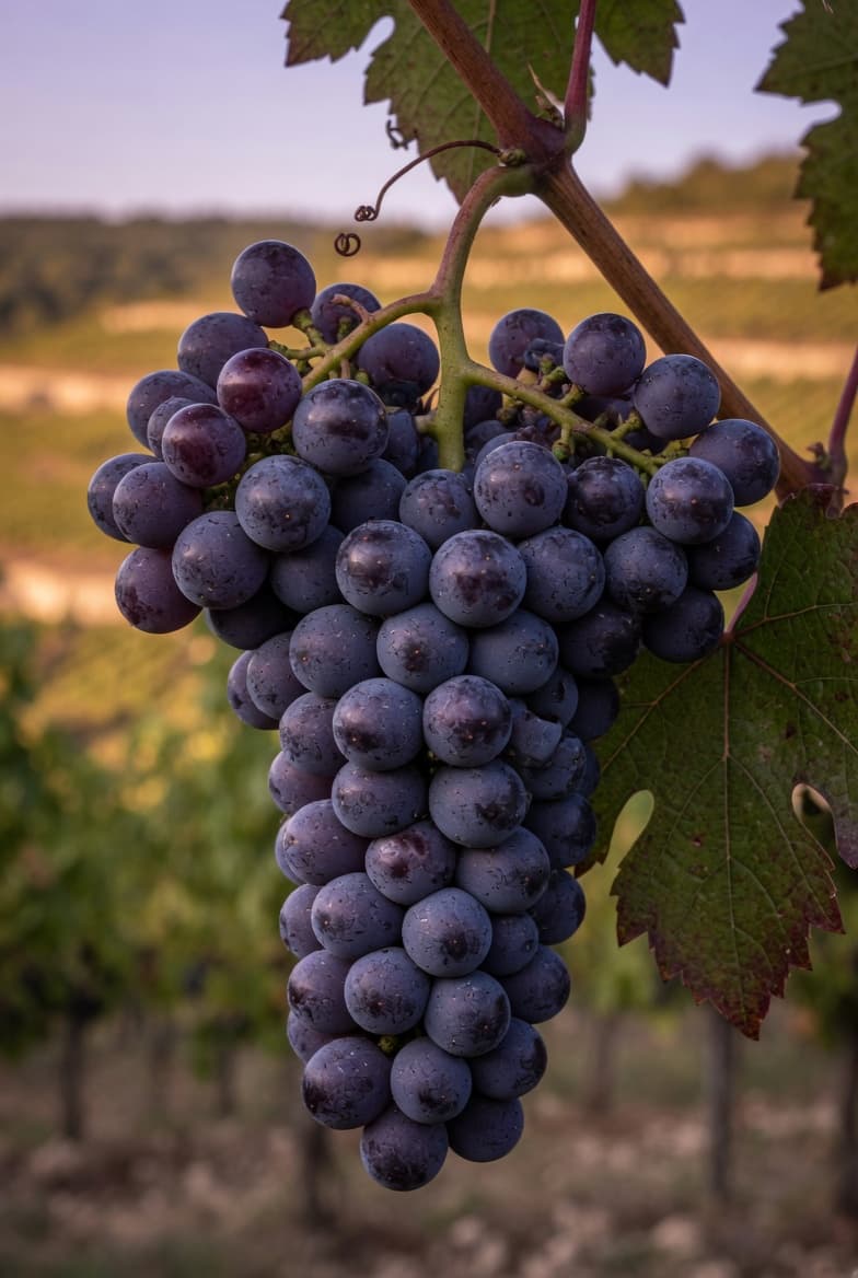 Racimo de Malbec maduro en un viñedo de Cahors, luz dorada