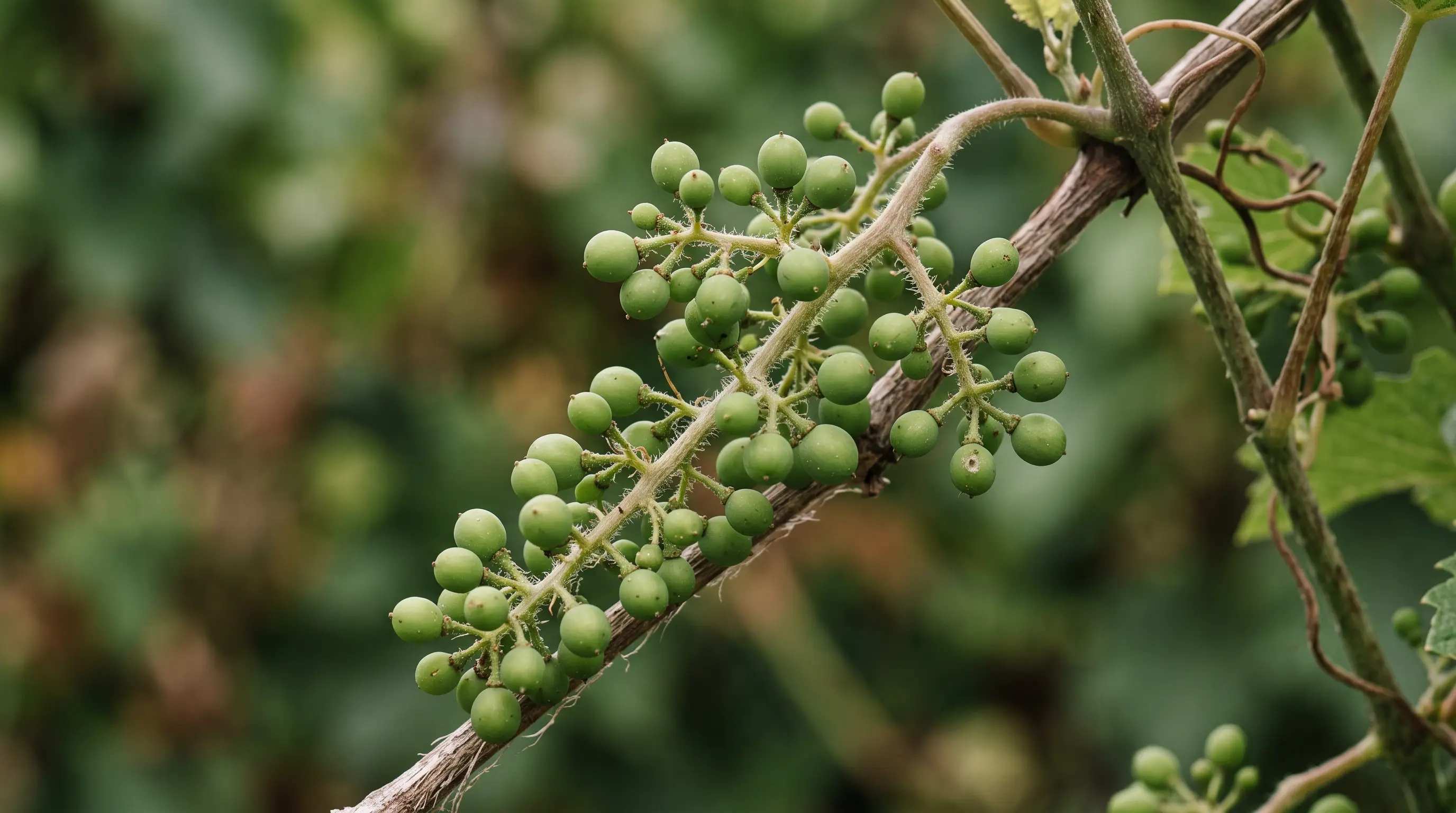 Traube kleiner grüner Beeren kurz nach dem Fruchtansatz, feinbehaarte Stiele