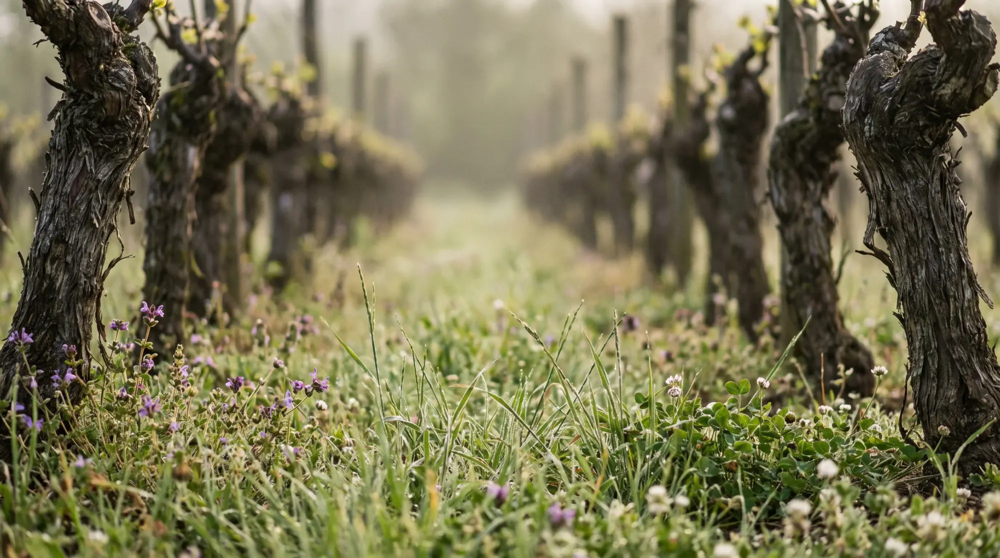 Begrünte Rebzeile in Bodenhöhe, Gräser und Blumen zwischen zwei Stöcken