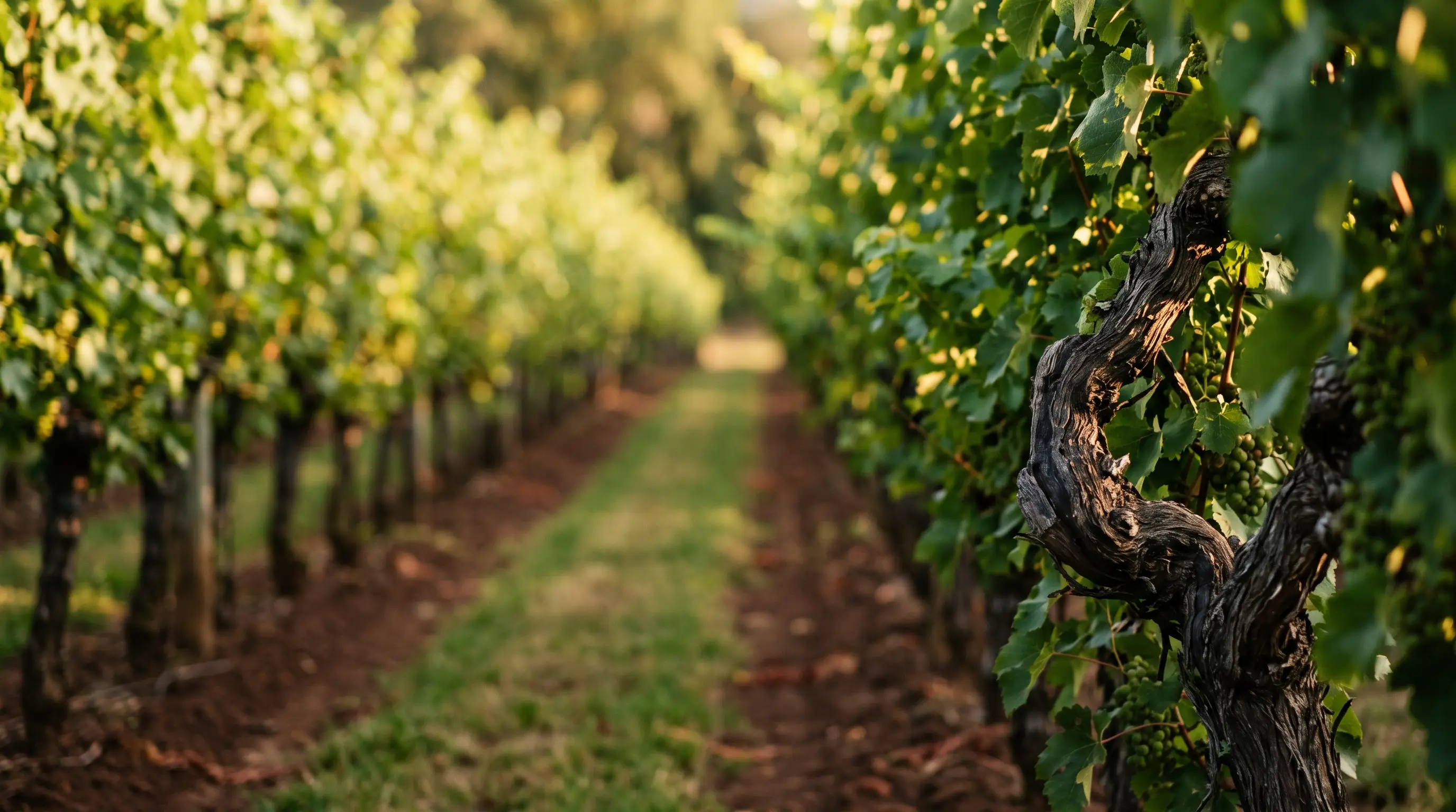 Row of vines in late-afternoon light, gnarled trunk in the foreground and back-lit foliage