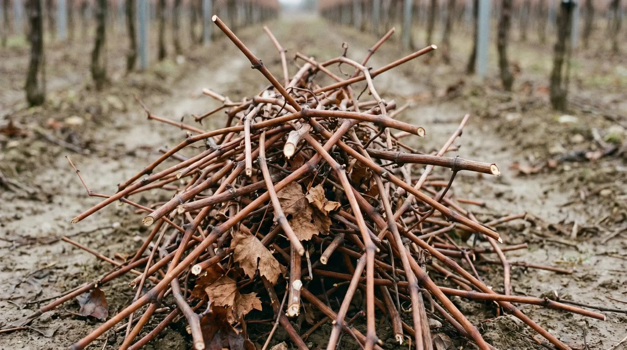 Haufen frisch geschnittener Rebruten auf winterlichem Boden