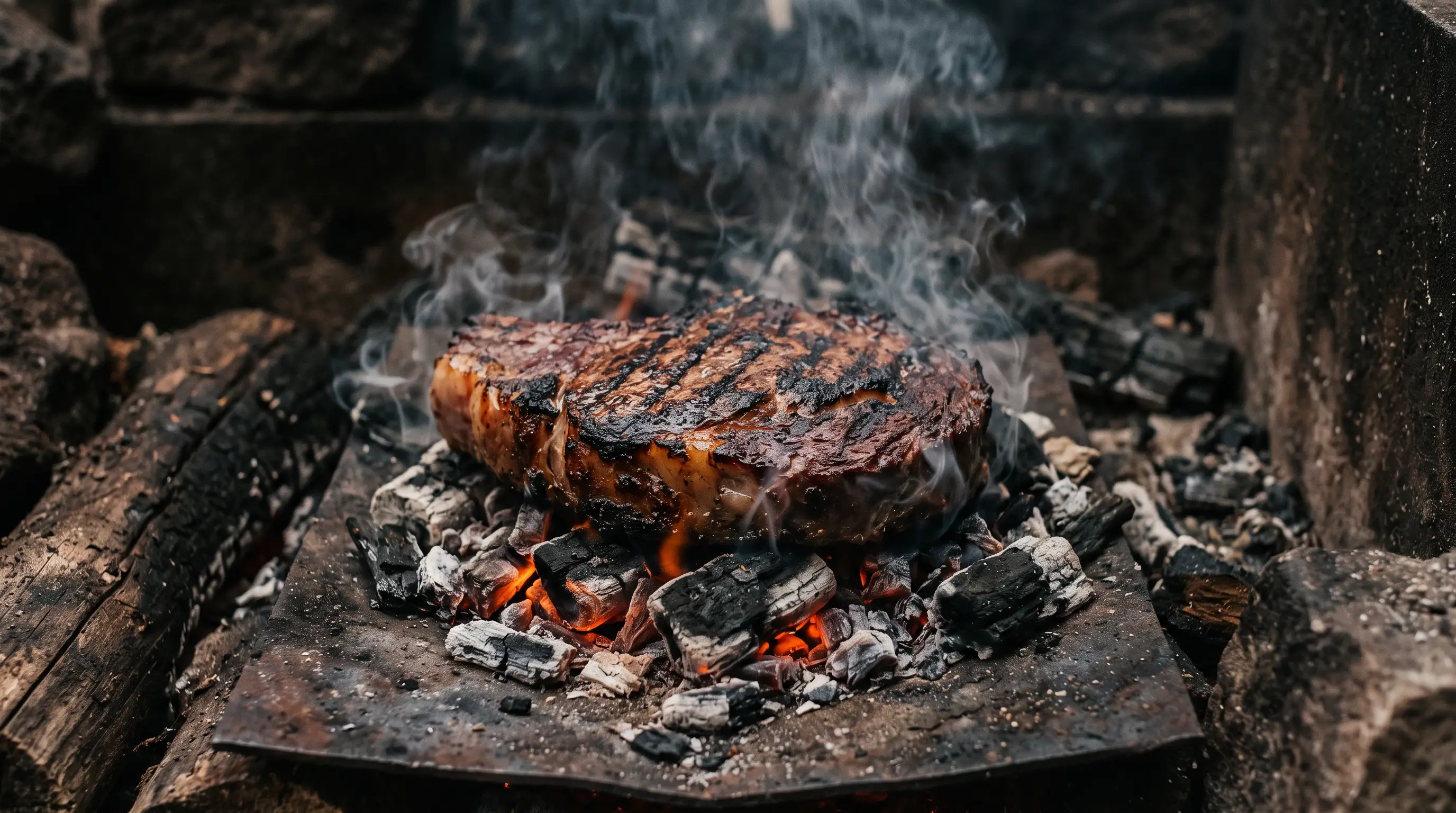 Pieza de carne roja marcándose sobre brasas encendidas, humo