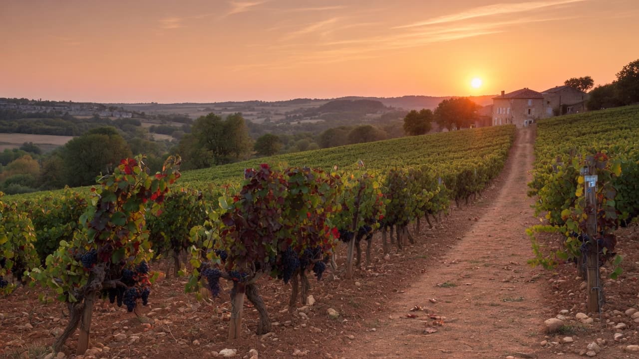 Feldweg zu einem Cahors-Weingut in der Abenddämmerung, reife Trauben im Vordergrund